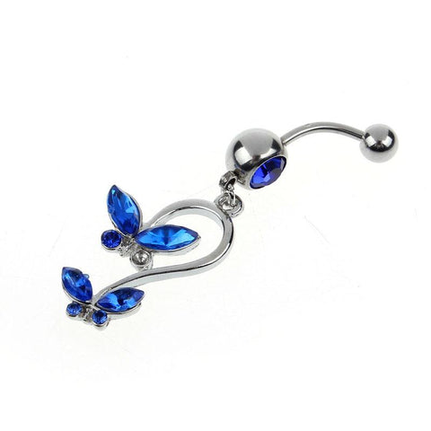 Dangly Crystal Gem - Double Butterfly Belly Ring - Blue - Belly Button Rings Direct
