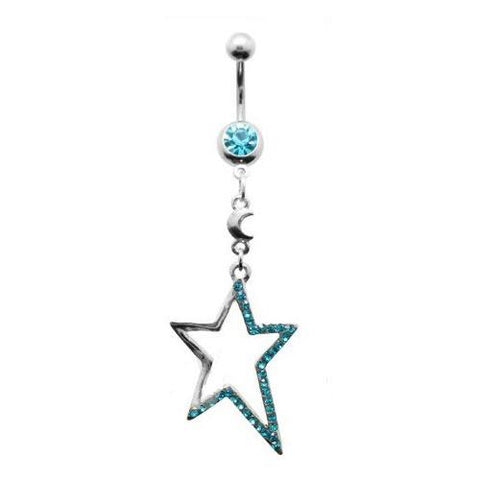 Dangly Crystal Gem - Star Belly Ring - Blue - Belly Button Rings Direct