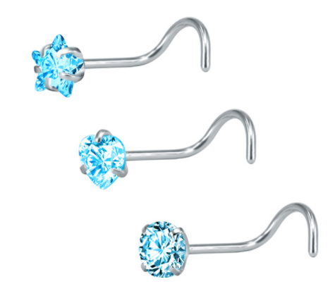 Screw Bar Nose Stud - Star, Heart, Round - Blue - Belly Button Rings Direct