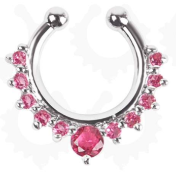 Fake Septum Hoop Nose Ring - Silver With Pink Gem - Belly Button Rings Direct