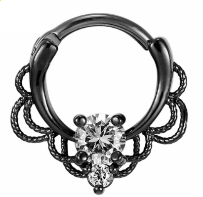 Fake Clicker Septum Nose Ring - Charm Lace - Black with clear gems - Belly Button Rings Direct