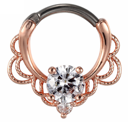 Fake Clicker Septum Nose Ring - Charm Lace - Rose Gold with clear gems - Belly Button Rings Direct