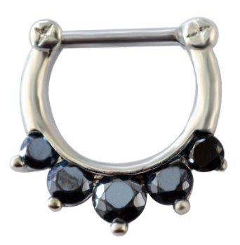 Fake Clicker Septum Nose Ring - Silver with paved black gems - Belly Button Rings Direct