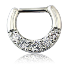 Fake Clicker Septum Nose Ring - Round - Silver with paved clear gem - Belly Button Rings Direct