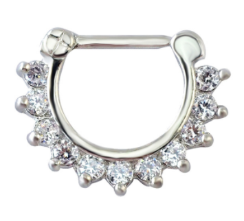 Fake Clicker Septum Nose Ring - Flower - Silver with paved clear gem - Belly Button Rings Direct