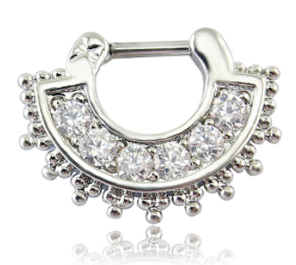 Fake Clicker Septum Nose Ring - Royal - Silver with paved clear gem - Belly Button Rings Direct
