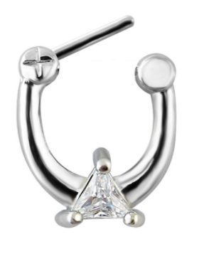 Fake Clicker Septum Nose Ring - Silver with clear triangle gem - Belly Button Rings Direct
