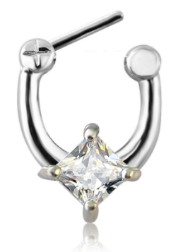 Fake Clicker Septum Nose Ring - Silver with clear square gem - Belly Button Rings Direct