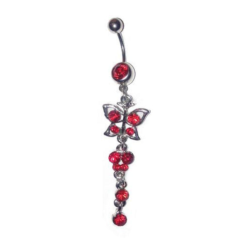 Dangly Crystal Gem - Butterfly Belly Ring - Ruby Red - Belly Button Rings Direct