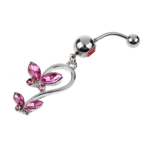 Dangly Crystal Gem - Double Butterfly Belly Ring - Pink - Belly Button Rings Direct
