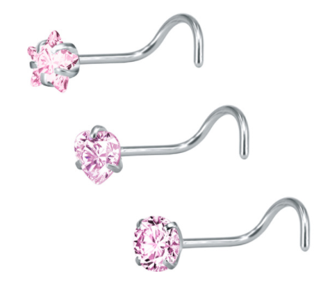 Screw Bar Nose Stud - Star, Heart, Round - Pink - Belly Button Rings Direct