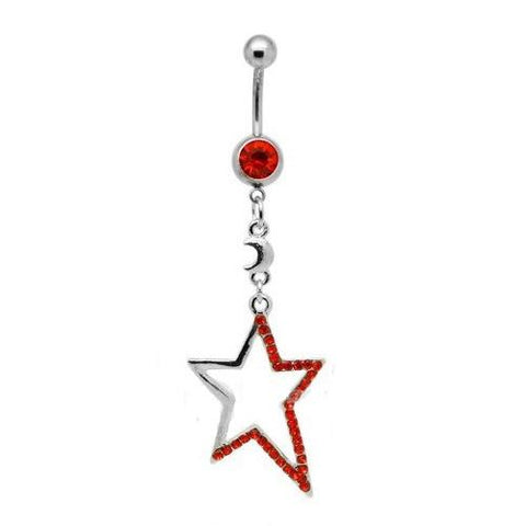 Dangly Crystal Gem - Star Belly Ring - Red - Belly Button Rings Direct