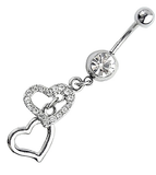 Dangly Crystal Gem - Double Love Heart Belly Ring - Clear - Belly Button Rings Direct