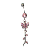 Dangly Crystal Gem - Butterfly Belly Ring - Pink - Belly Button Rings Direct